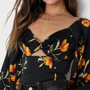 Flirty Flora Black Satin Floral Print Balloon Sleeve Top
